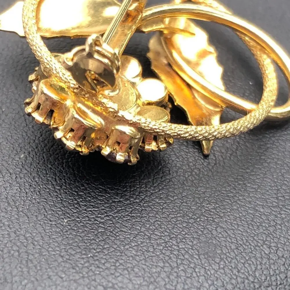 Pink Rhinestone Flower Brooch, Gold Tone Vintage Unsigned Leaves
